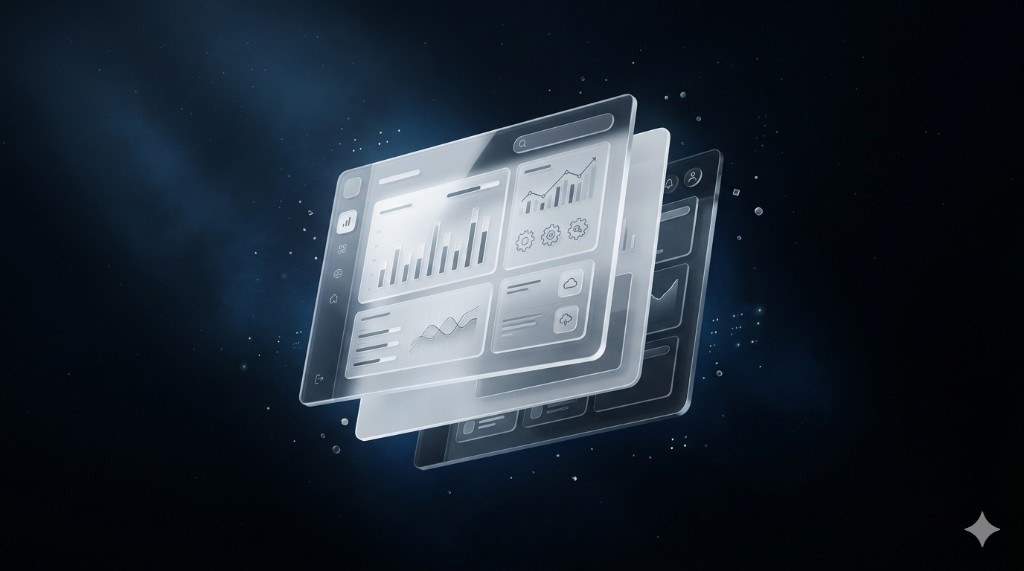 Glassmorphism analytics dashboard floating in a deep blue nebula