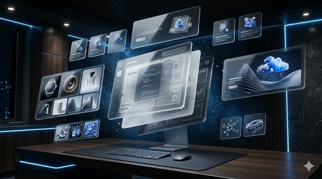 Futuristic holographic workspace with floating UI panels and blue neon accents