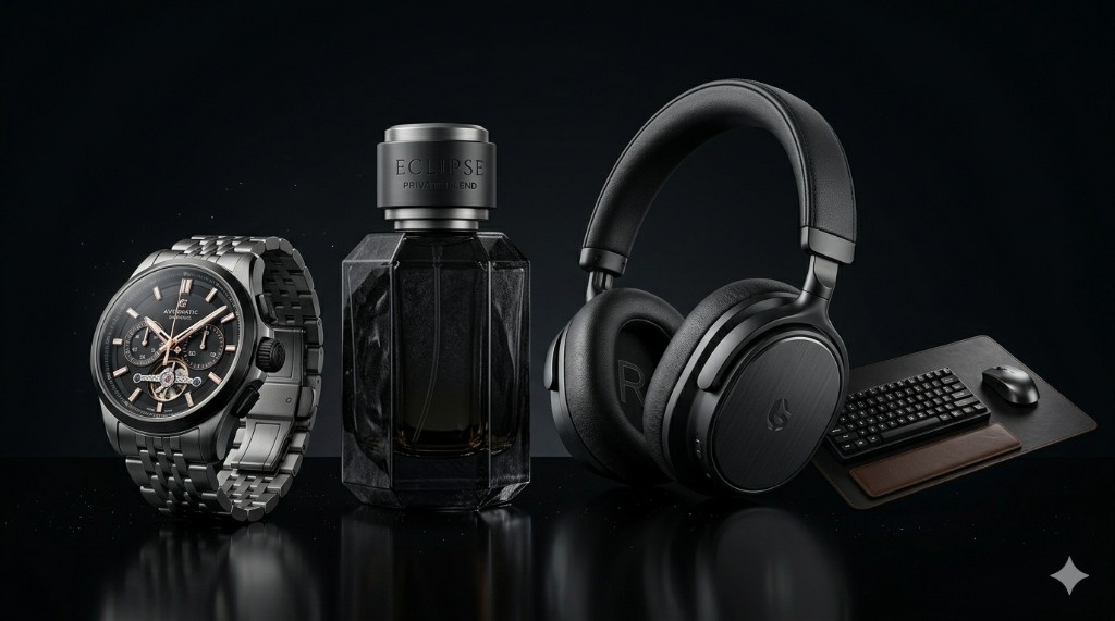 Premium monochrome product lifestyle render with watch, perfume, and headphones